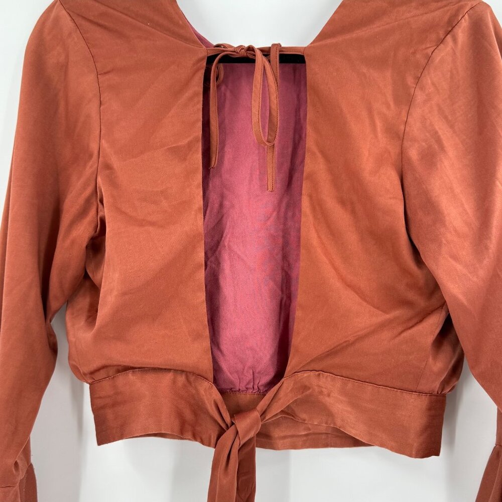 Louna Burnt Orange Tie-Back Long Bell Sleeve Cropped Top,  L Polyester/Spandex/R - Picture 8 of 11
